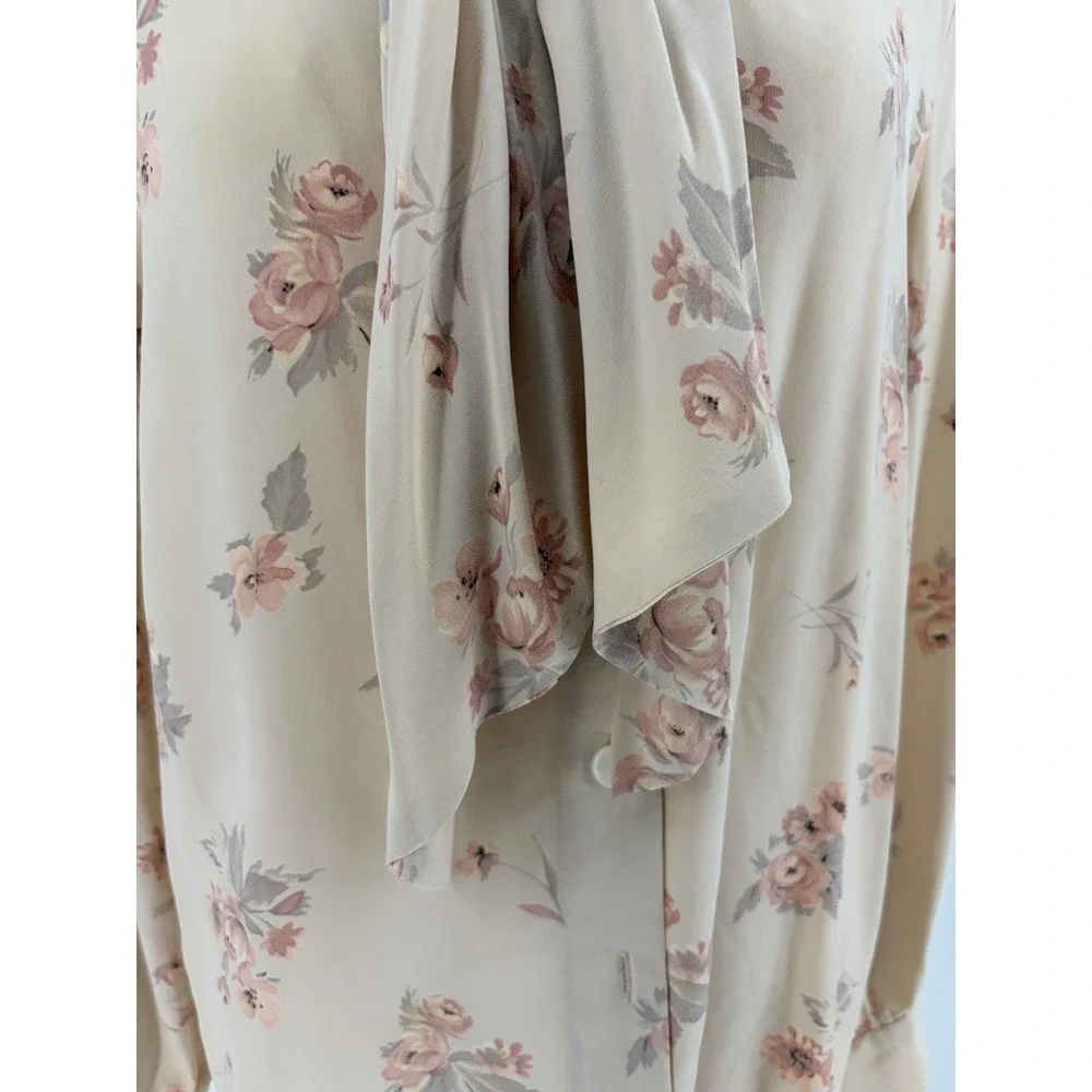 VIntage Silk Chiffon Floral Tie Neck Button Blouse Size 4 Beige Cottagecore